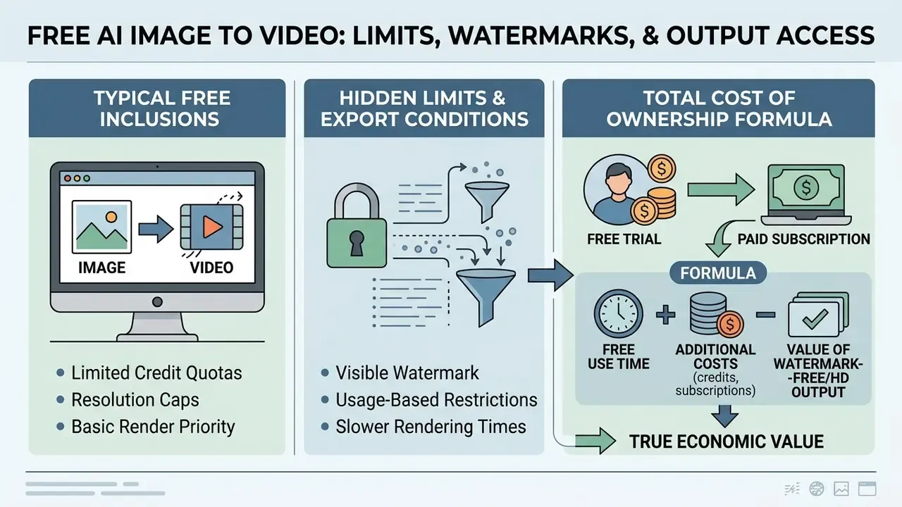 Summary infographic outlining free AI video generator limitations, hidden export conditions, and cost formulas