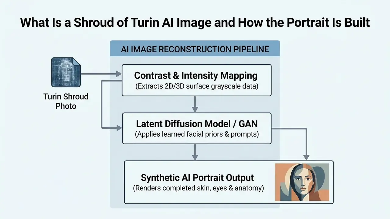 Flowchart detailing the AI image reconstruction pipeline from Turin Shroud photo to synthetic portrait