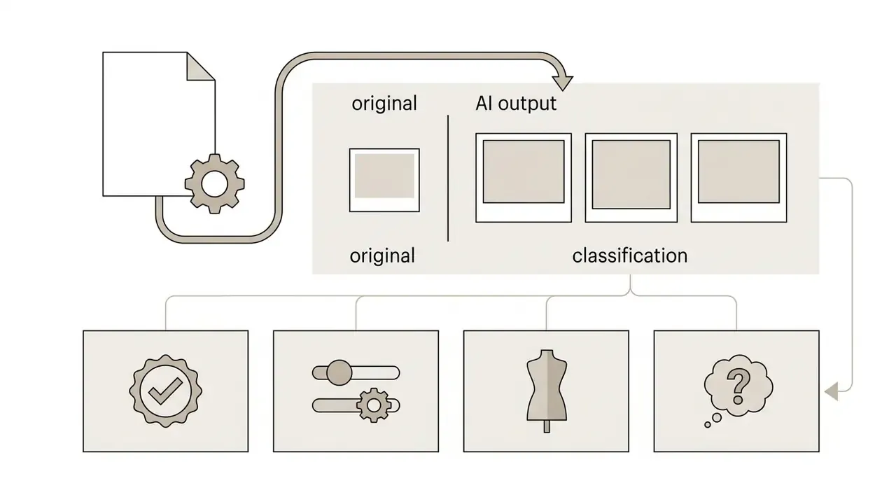 Process mapping a source image to AI outputs and categorizing them into four distinct classification types