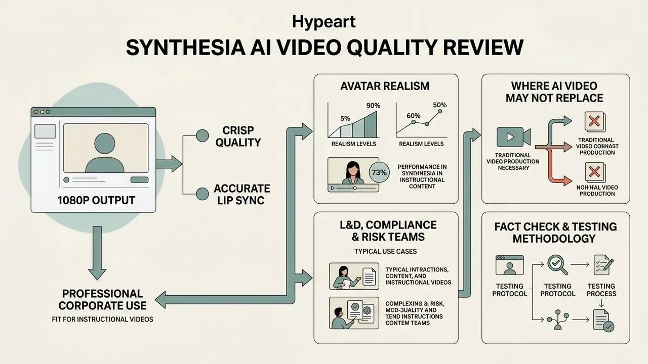 Infographic detailing Synthesia AI video quality metrics, use cases, and testing methodology