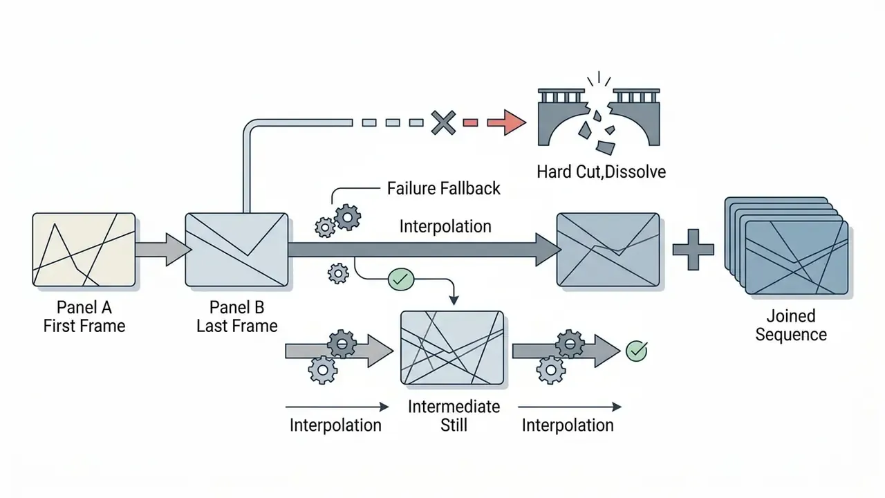 Fallback method using an intermediate still to bridge keyframes when direct interpolation fails