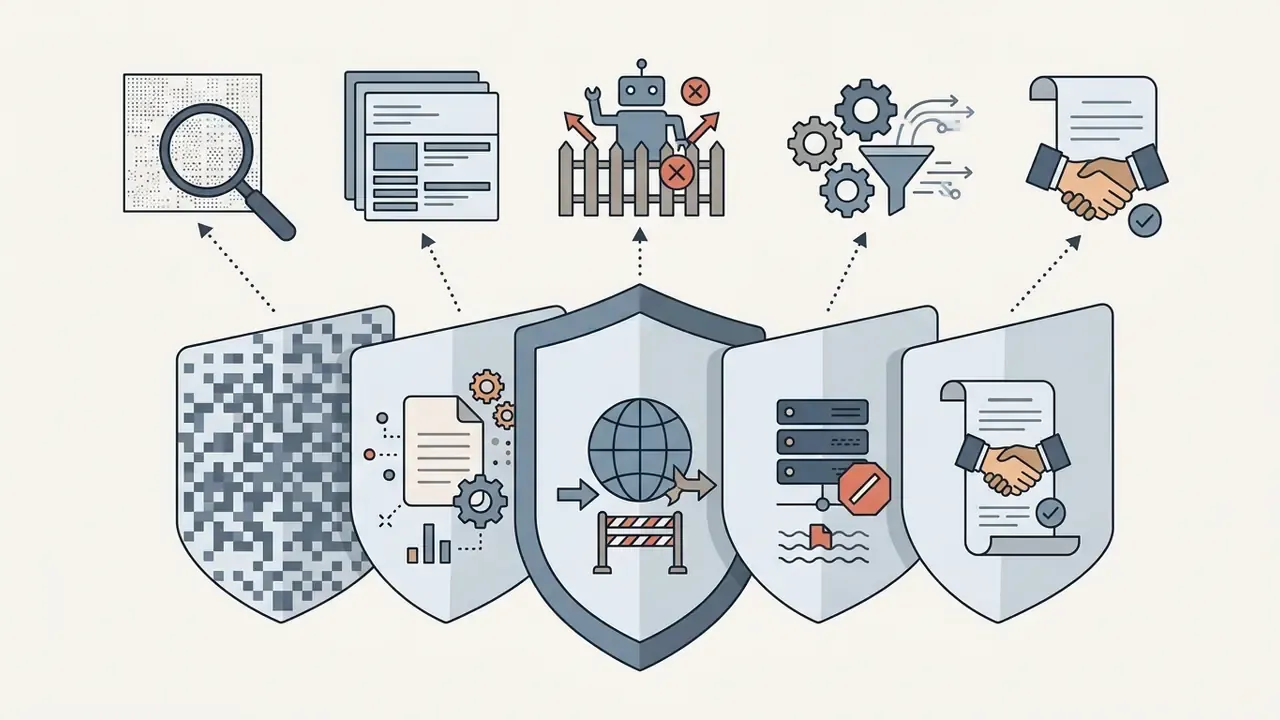 Five shields representing layered digital security strategies including metadata, bot blocking, and contracts