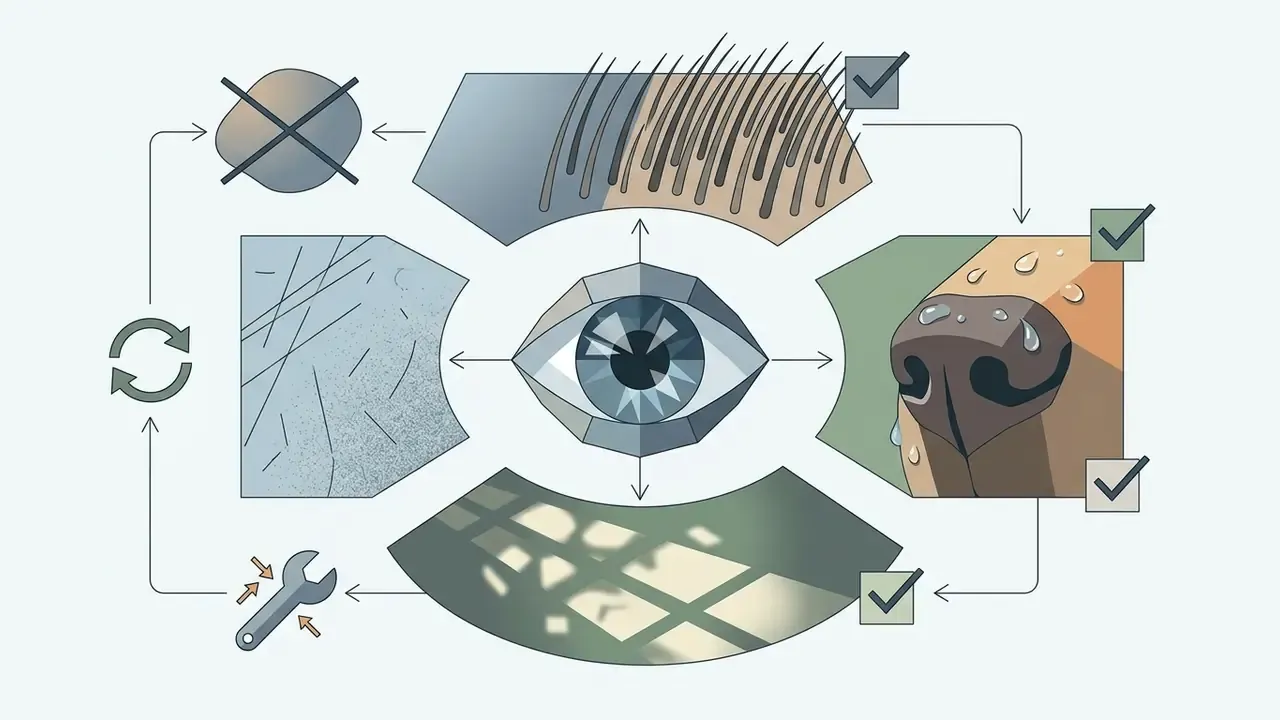 Central eye icon surrounded by panels showing fur, a wet nose, dappled light, and noise correction symbols