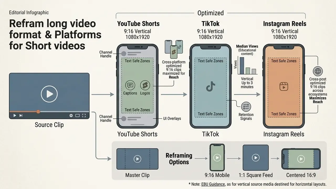 Comparison of vertical video formats for YouTube Shorts, TikTok, and Instagram Reels with text safe zones