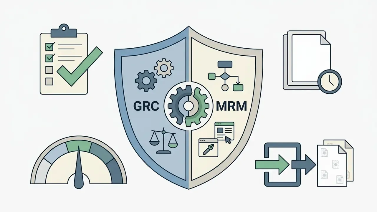 Central shield icon containing gears and symbols for GRC and MRM surrounded by compliance and data icons