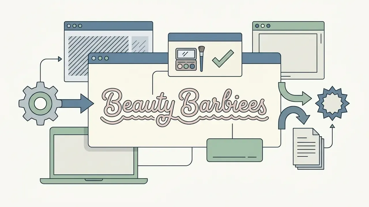 Cursive text with cosmetic icons, mechanical gears, and software windows representing design workflows