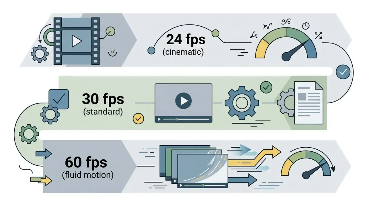 Three horizontal rows showing frame rate options with film, gear, and speed gauge icons for video export