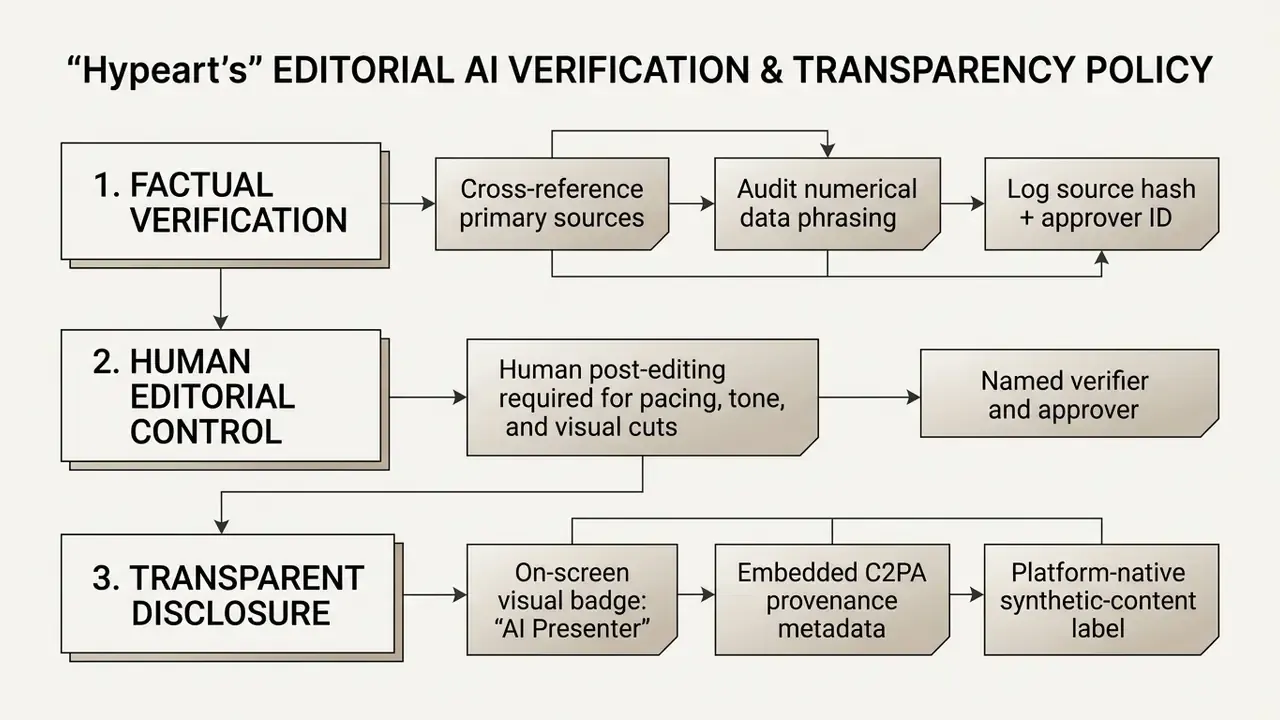 Flowchart outlining editorial verification, human control, and transparency steps for synthetic media