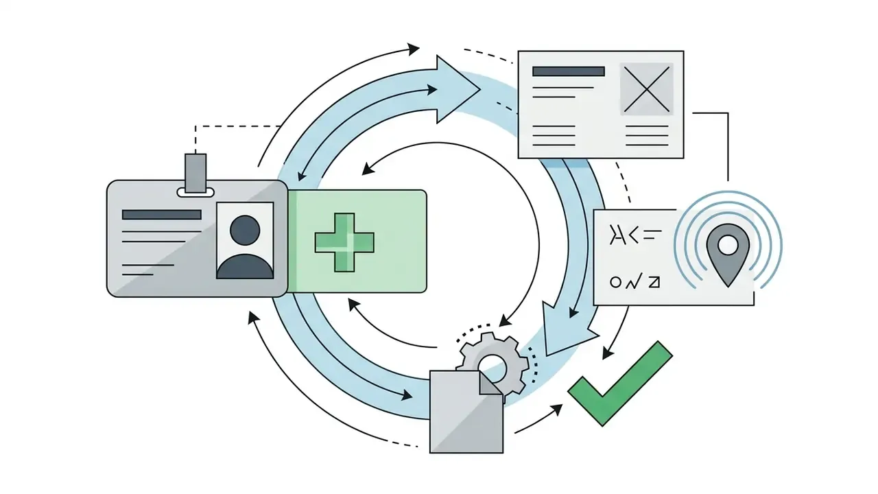 Circular process graphic showing identity cards, location data, and documents leading to a checkmark