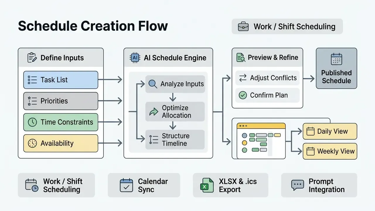 Flowchart depicting the AI schedule maker process from task input to final calendar synchronization