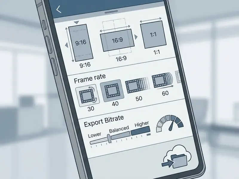 Mobile interface showing options for aspect ratio, frame rate, and bitrate settings for video exporting