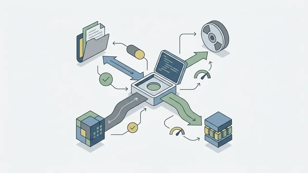 Central processing unit connecting various file formats and storage icons with directional arrows