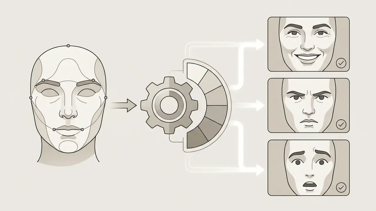 Neutral facial map processed by a gear mechanism into happy, serious, and surprised portrait expressions