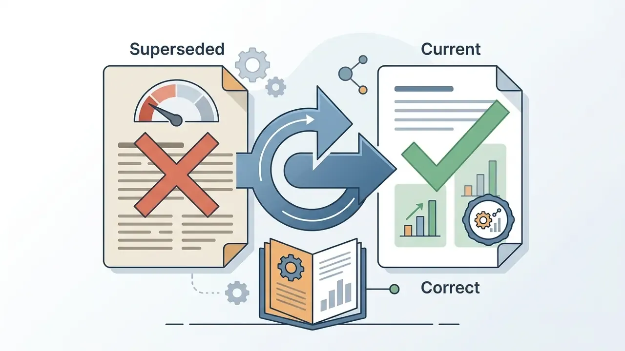 Document with a red X being updated to a document with a green checkmark and data charts
