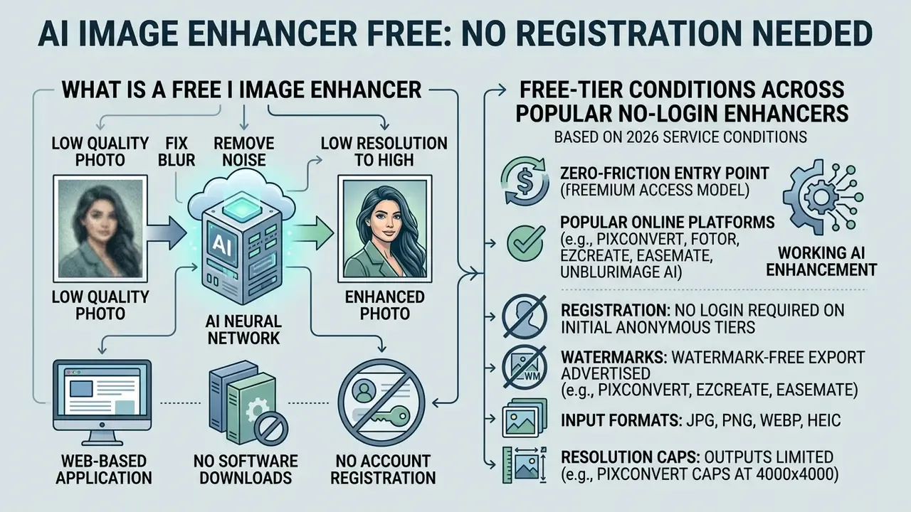 Infographic showing how an AI image enhancer free tool processes photos without requiring registration