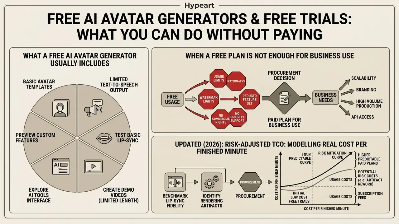 Infographic showing limitations of free AI avatar generators and a cost model for business procurement