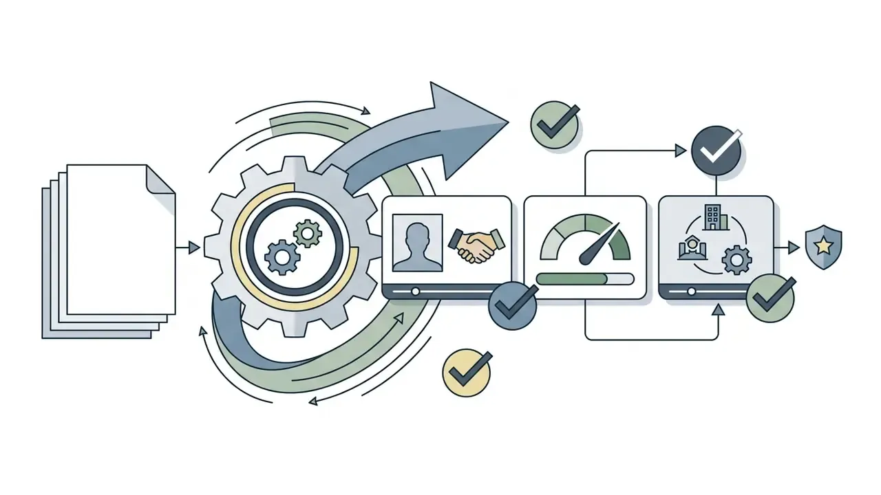 Documents feeding into a gear mechanism that processes employee onboarding video content with checkmarks