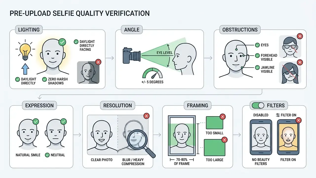 Checklist of selfie requirements including lighting, camera angle, facial visibility, and photo clarity