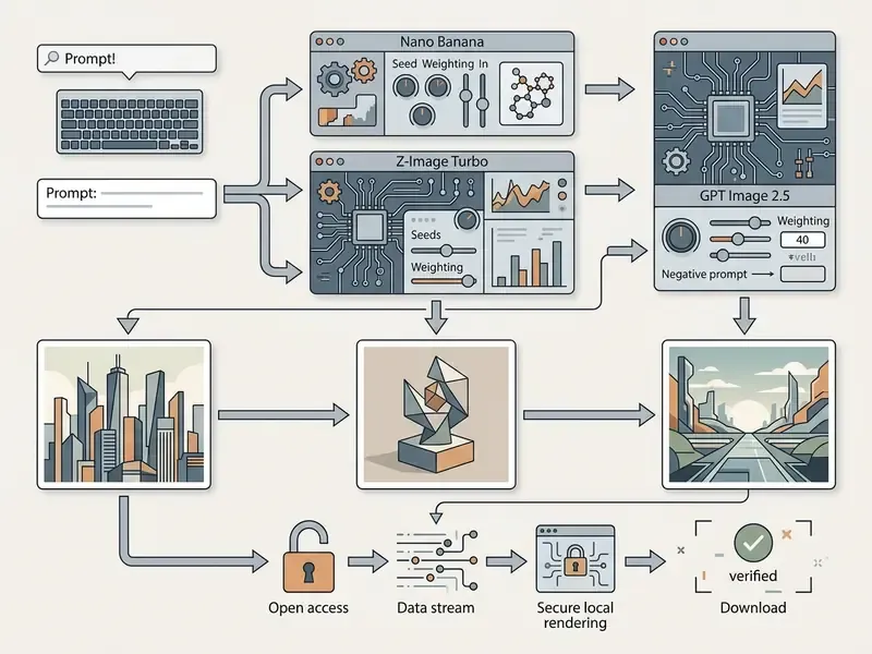 Diagram illustrating the workflow from text prompt input to digital image generation and file download