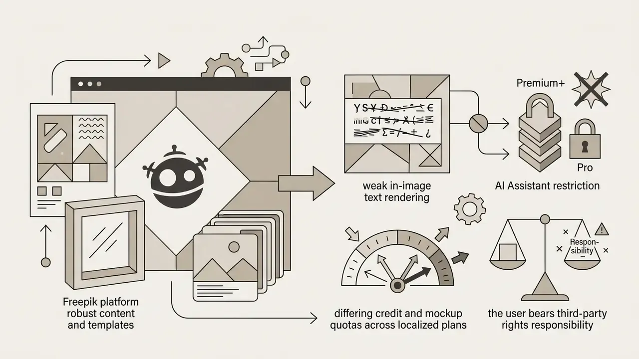 Icons mapping Freepik platform features to limitations like text rendering, plan restrictions, and liability