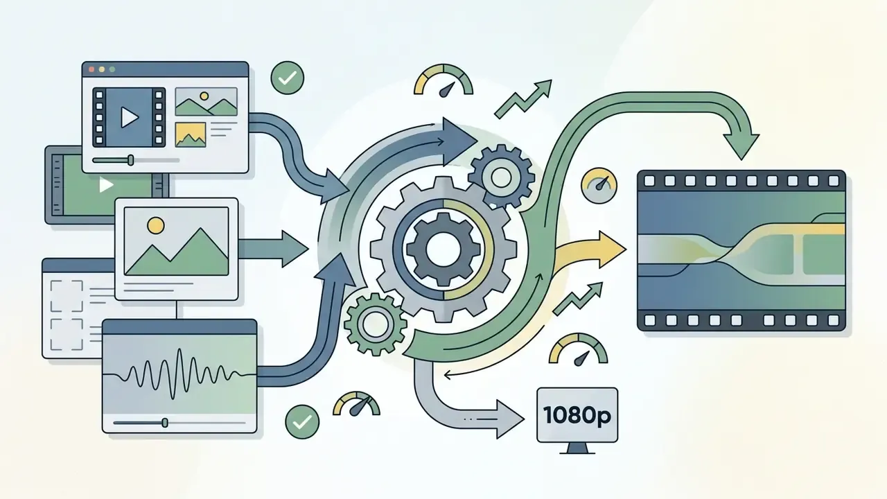 Multiple media files feeding into a central gear mechanism to produce a single processed video output