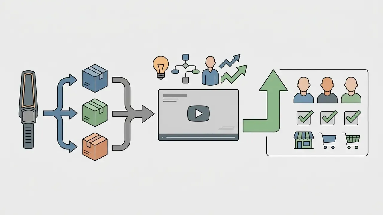 Flowchart showing metal detector product variations being synthesized into a video for retail customers