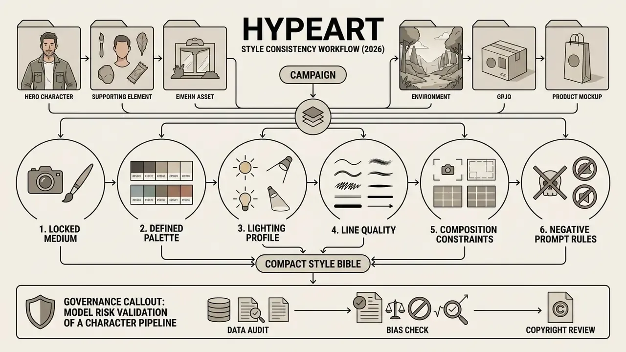 Infographic showing a six-step technical workflow to build a compact style bible for visual consistency
