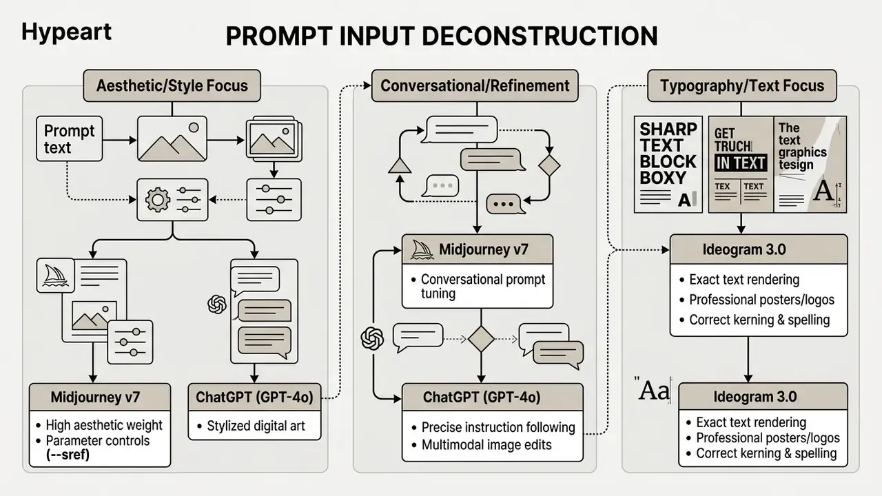 Visual breakdown of AI prompt strategies categorized by aesthetic, conversational, and typography focus