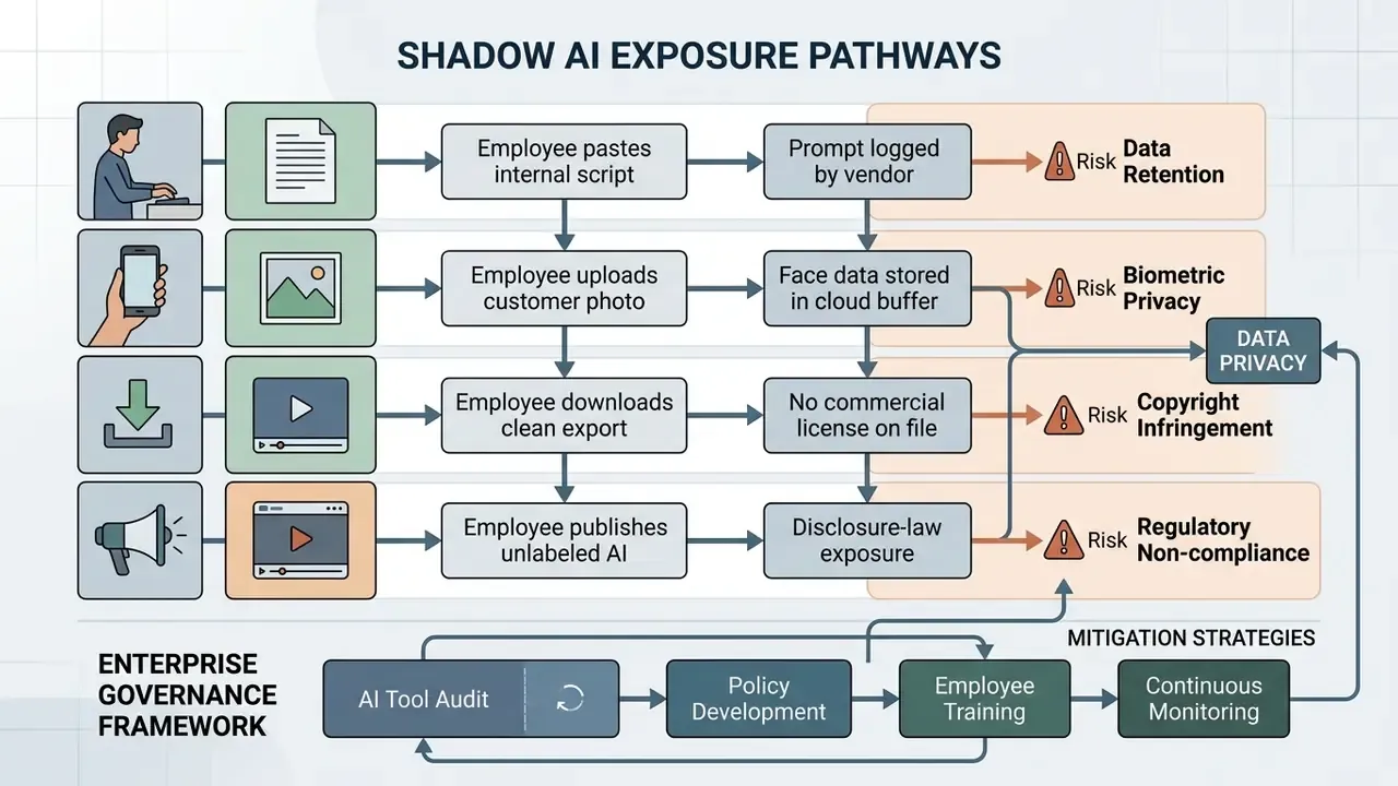 Process flow mapping employee actions to security risks and enterprise governance mitigation strategies
