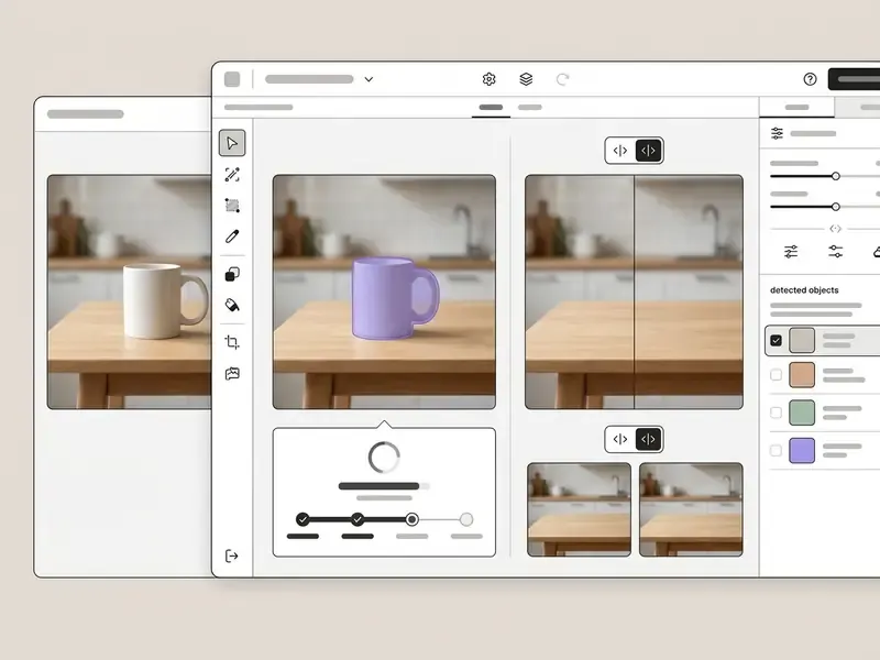 Web interface showing a mug being selected and removed from a kitchen table photo in a multi-step workflow