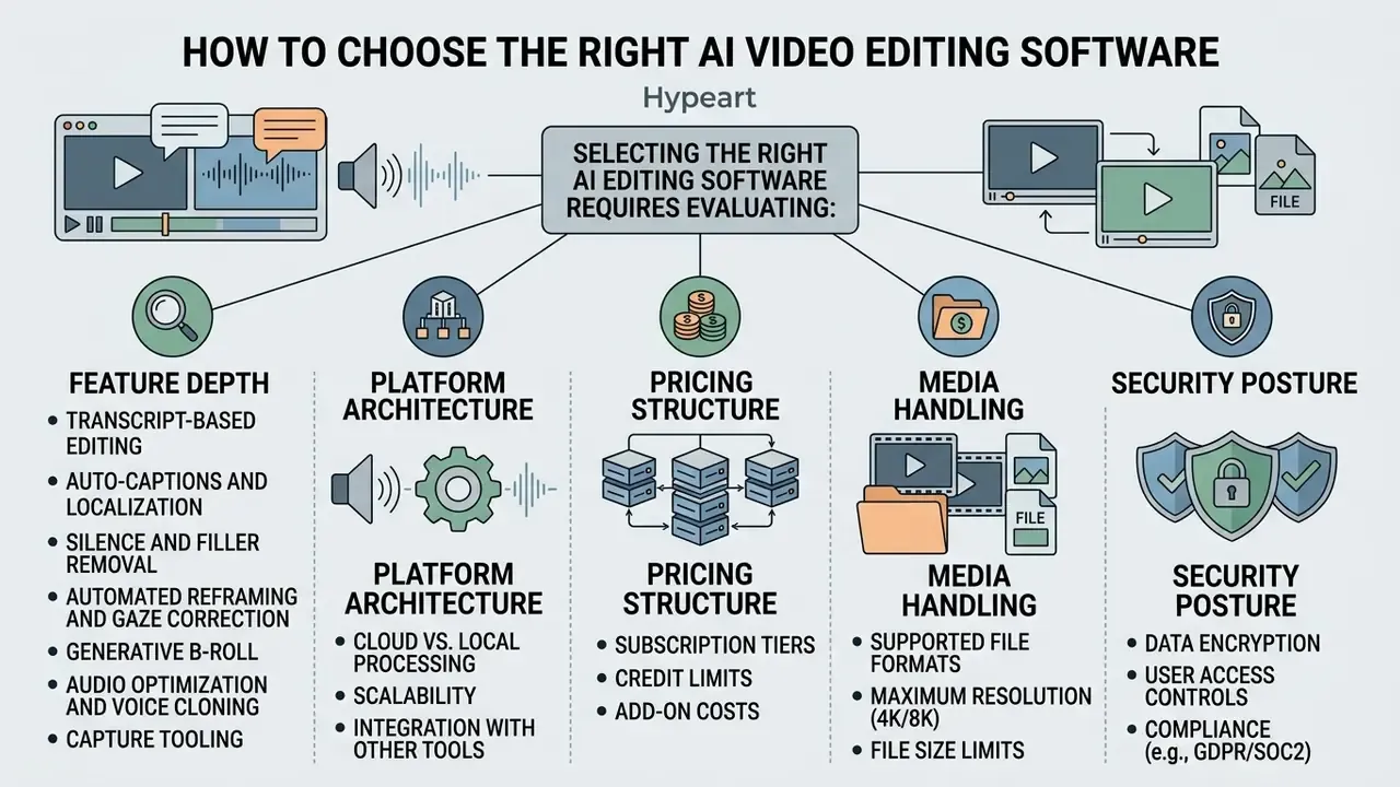 Five categories for evaluating software including feature depth, architecture, pricing, media, and security