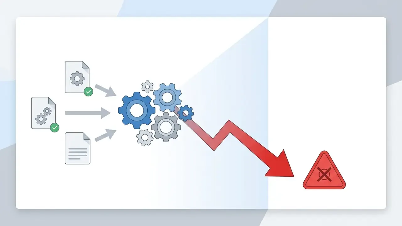 Documents feeding into a cluster of gears that triggers a downward red arrow pointing to a warning sign