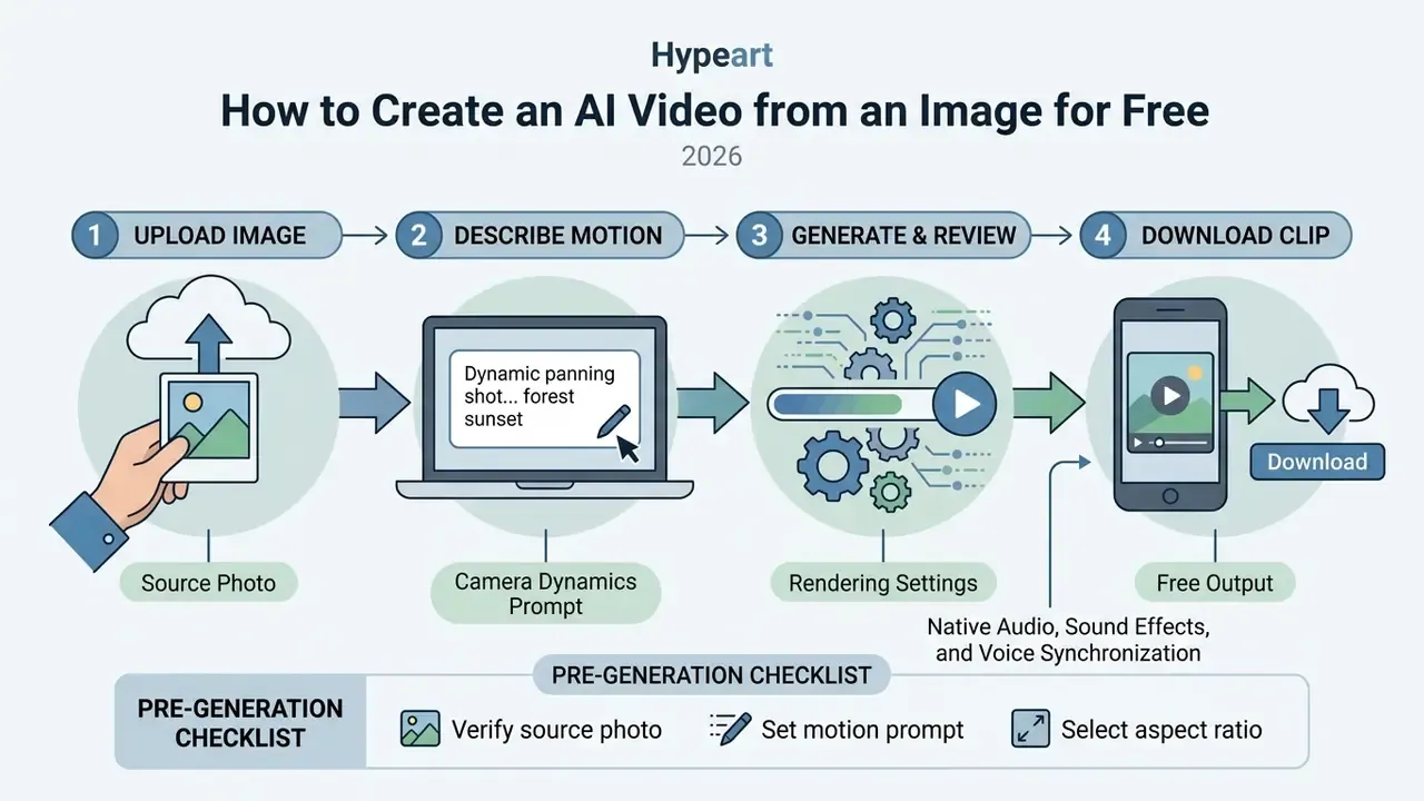 Four step workflow showing how to upload a photo, prompt motion, generate video, and download the result