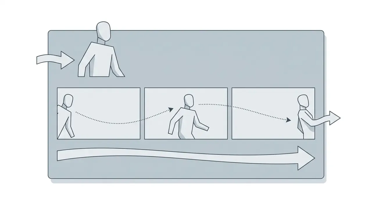 Humanoid figure moving across three sequential frames with directional arrows indicating screen movement