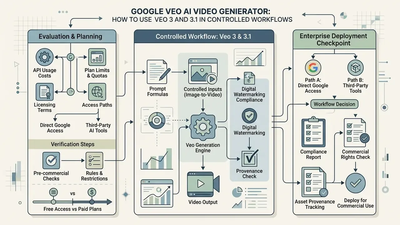 Infographic mapping the evaluation, workflow, and enterprise deployment stages for Google Veo AI