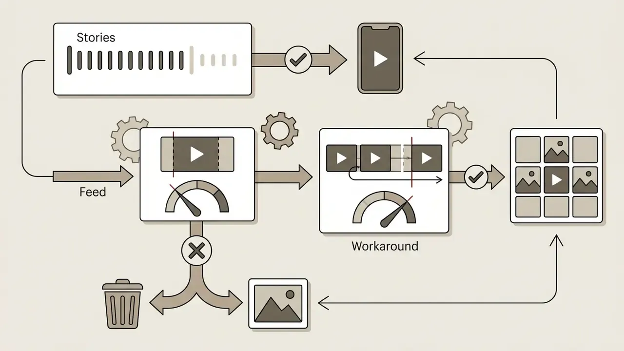 Diagram showing the process of uploading short clips to Instagram feed versus using a Stories workaround