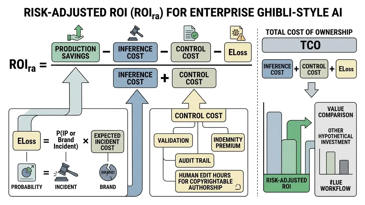 Mathematical formula for risk-adjusted ROI including production savings, inference, control, and loss