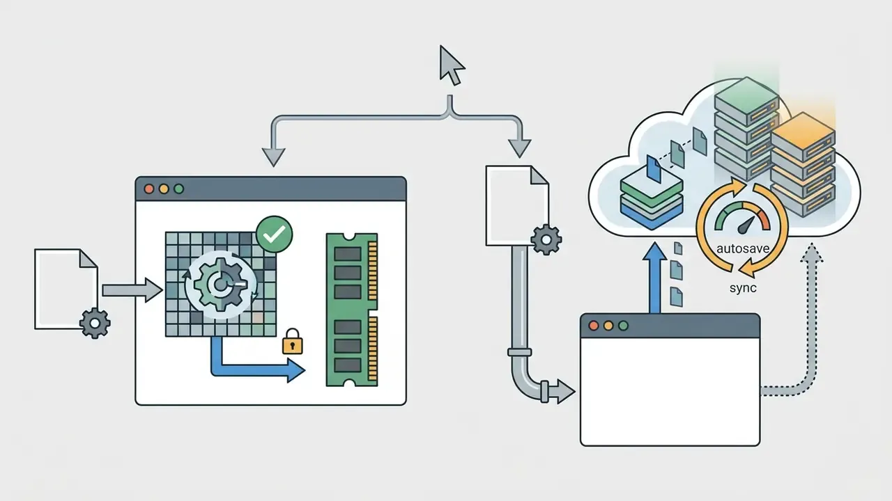 Split view showing local browser RAM processing versus cloud server file uploading and synchronization