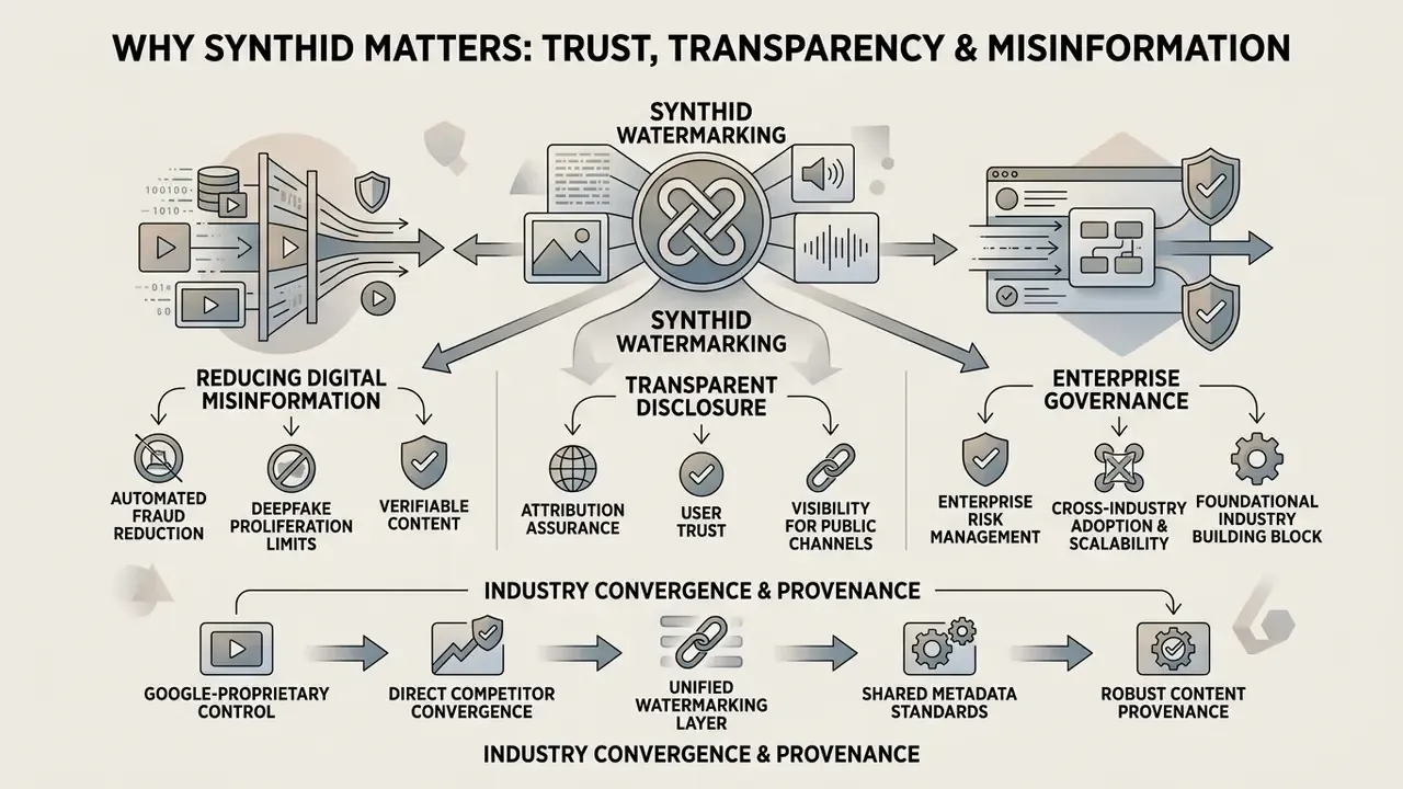 Diagram showing how SynthID watermarking supports digital misinformation reduction and enterprise governance