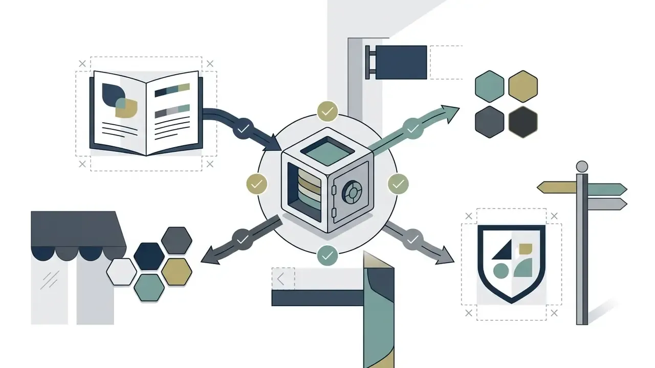 Central vault icon storing brand assets and distributing them to various signage and design templates