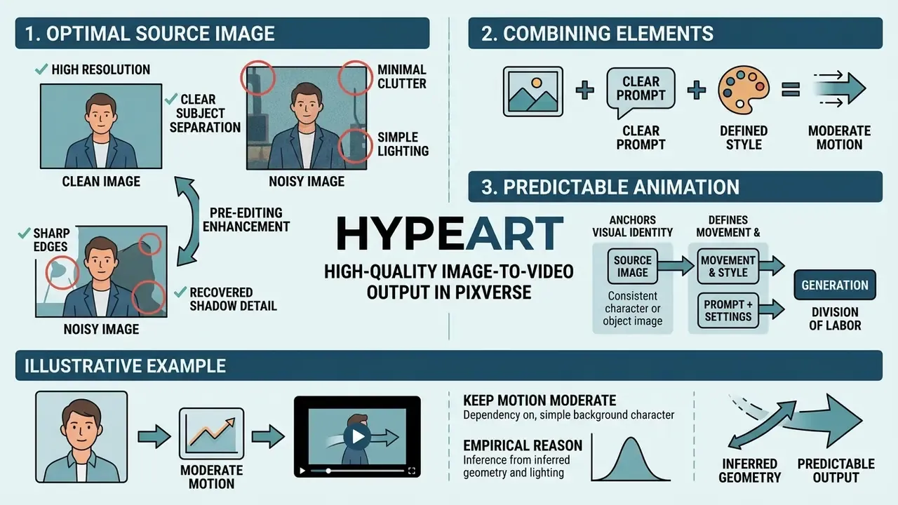 Diagram detailing PixVerse AI best practices for source image quality, prompt integration, and animation