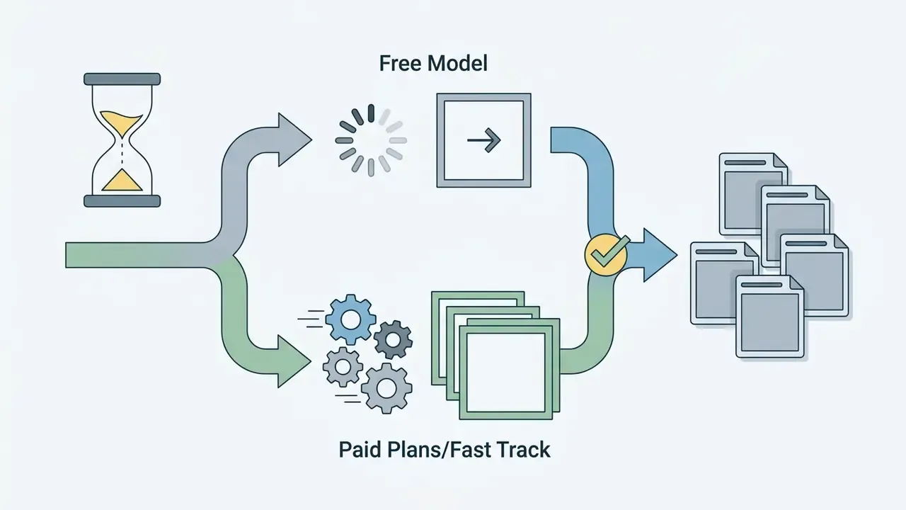 Comparison flowchart showing slower free model processing versus faster paid plan output generation