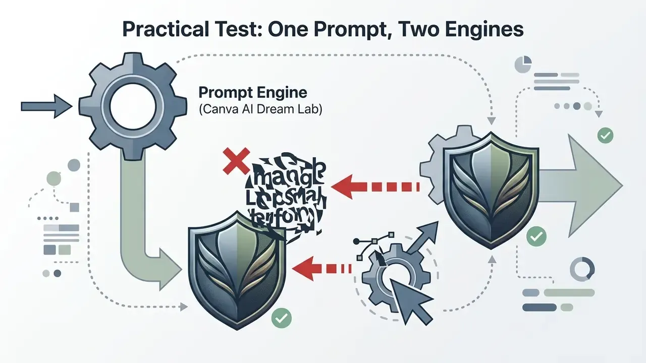 Workflow graphic showing AI engine icon generation and manual correction of mangled text in a shield logo