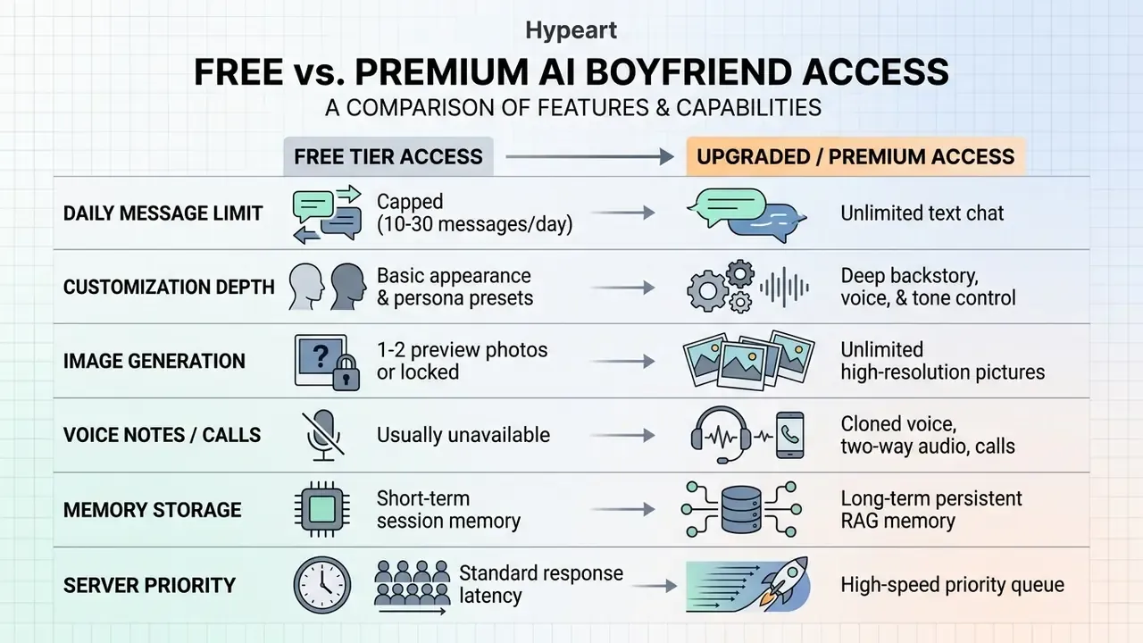 Side-by-side comparison chart showing differences between free and premium virtual companion features