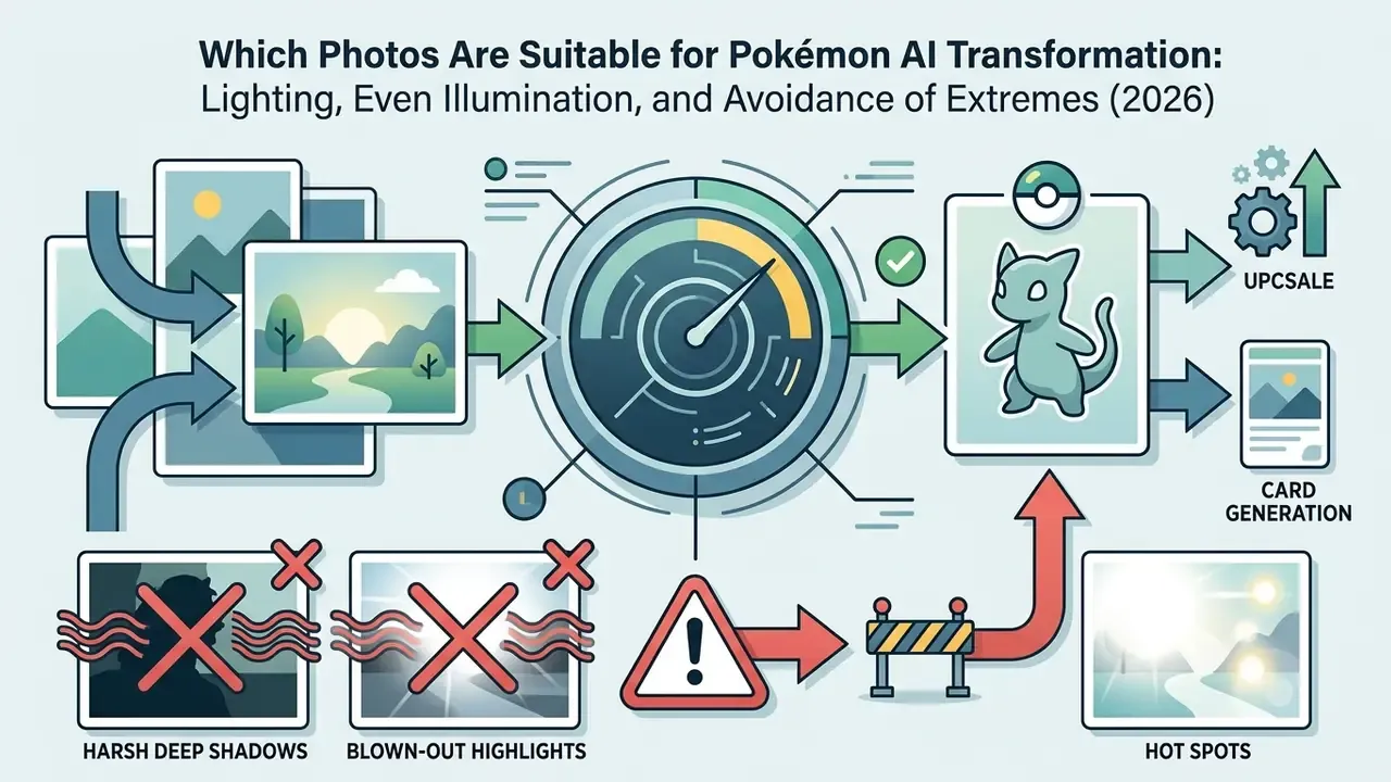 Visual guide showing how balanced lighting in photos leads to successful creature generation while extremes are blocked