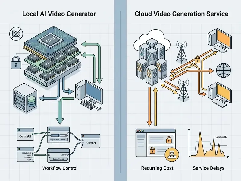 Side by side comparison of hardware based local AI video generator architecture versus cloud services