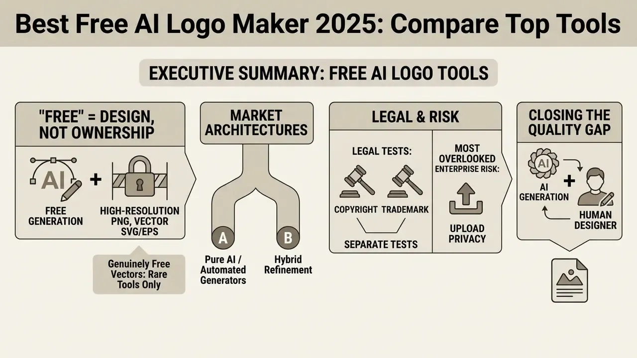 Infographic summarizing key considerations for using a free AI logo maker including ownership, architecture, and risk
