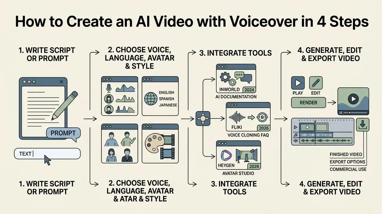 Four step diagram showing the process of writing prompts, selecting AI tools, and exporting video content