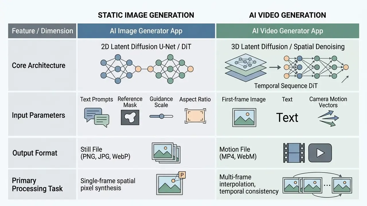 Comparison table contrasting technical architectures, inputs, and outputs of static image and video generators