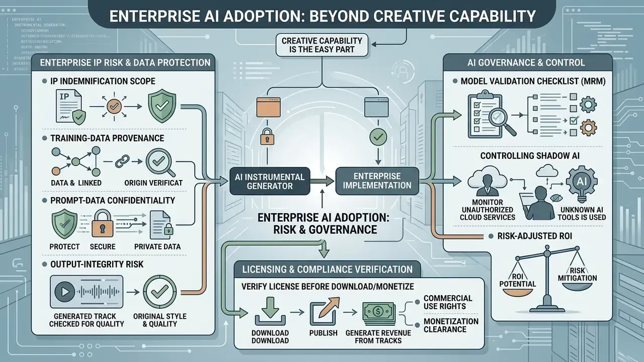 Infographic mapping enterprise IP risk, data protection, and governance strategies for AI implementation